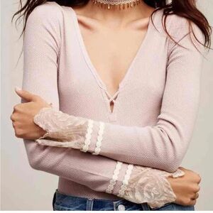 Free People Last Dance Thermal Lace Cuff Top small Blush Pink long sleeved shirt
